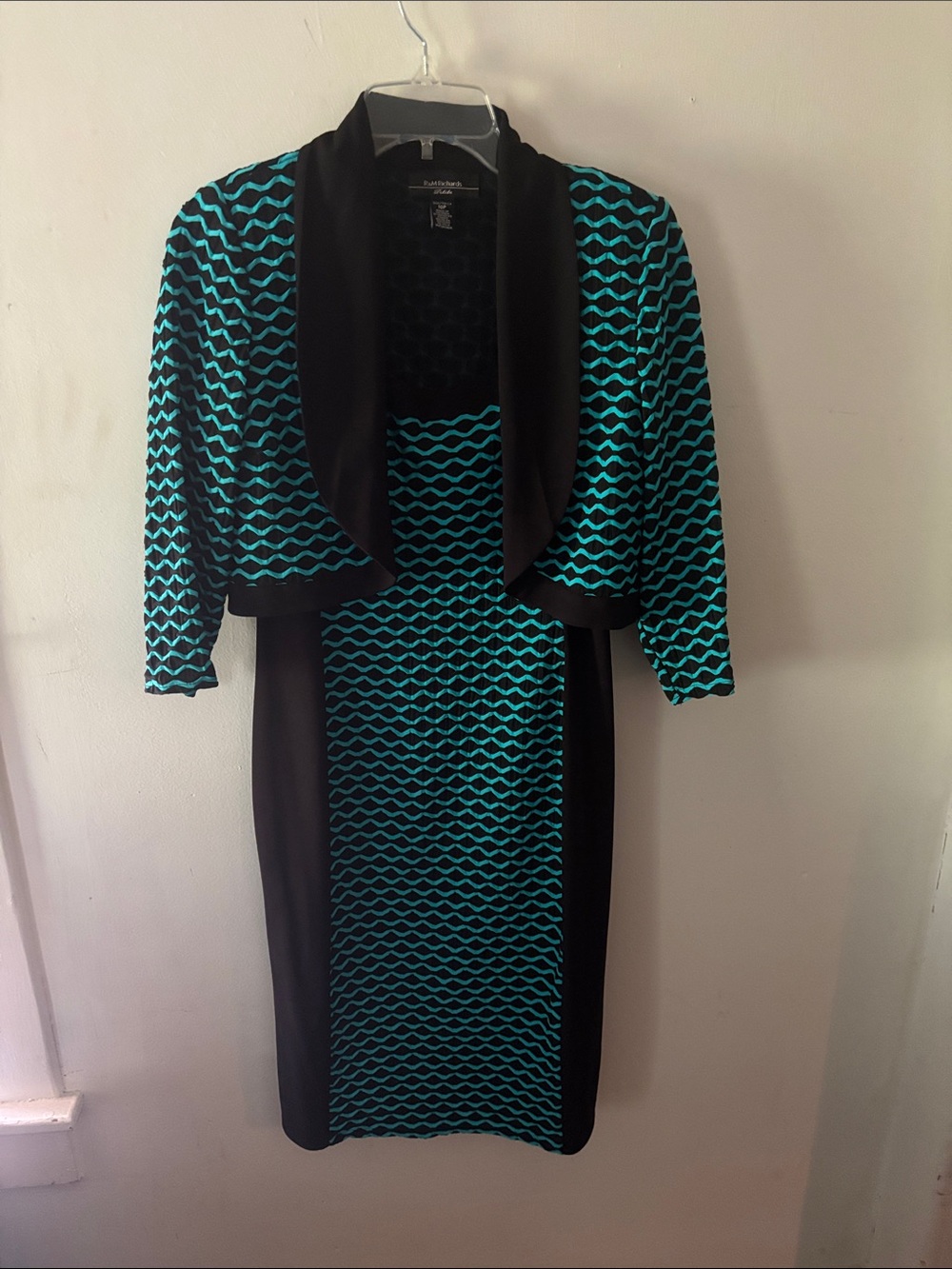 R&M Richards Mock Two Piece Dress Set Teal Black Wavy Textured Bolero Jacket